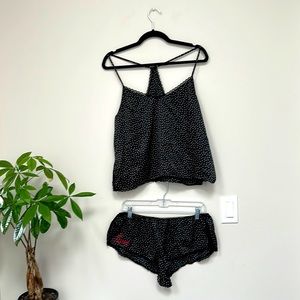 In Bloom ❤️ Black Polka Dot Silk Nightie Pajama Set